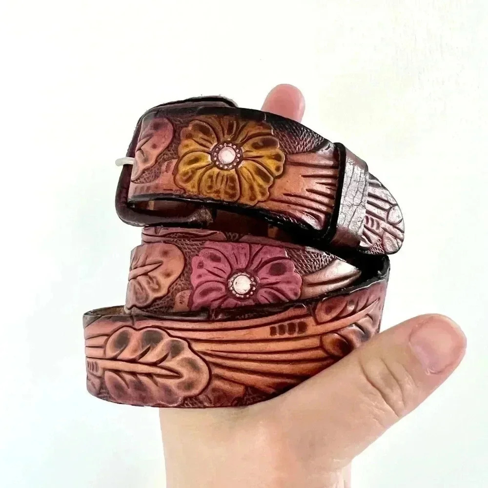 Tooled Leather Floral Belt with Purple‎ and Yellow Flowers Size 38